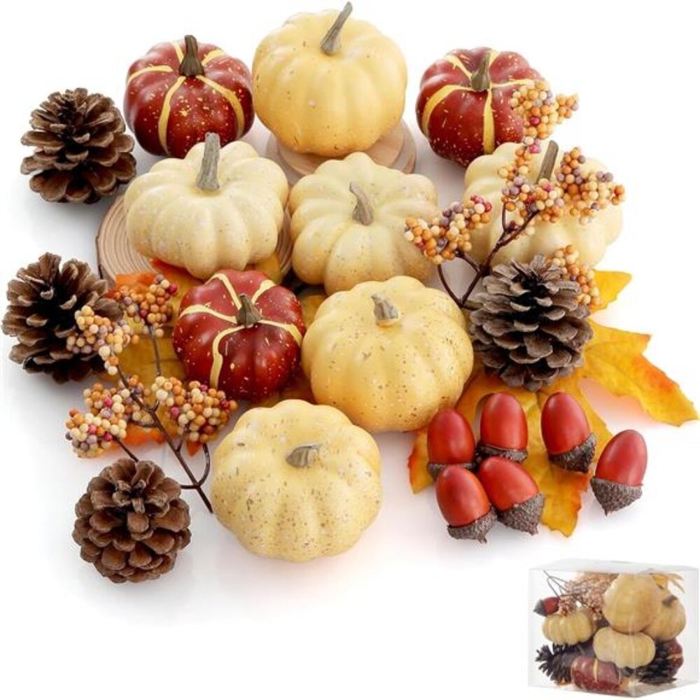 23 PCS Fall‎ Harvest Decor Set: Mini Pumpkins, Acorns, Pinecones, Leaves & More